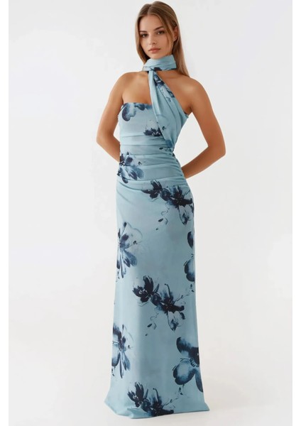 Kadın Straplez Desenli Bodycon Maxi Tül Elbise Blue fiyatları