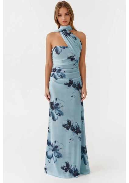 Kadın Straplez Desenli Bodycon Maxi Tül Elbise Blue modelleri