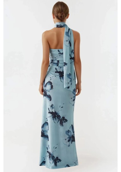 Kadın Straplez Desenli Bodycon Maxi Tül Elbise Blue indirimleri