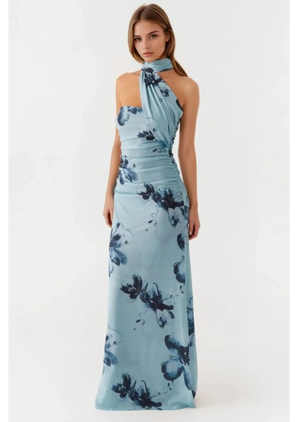 Kadın Straplez Desenli Bodycon Maxi Tül Elbise Blue