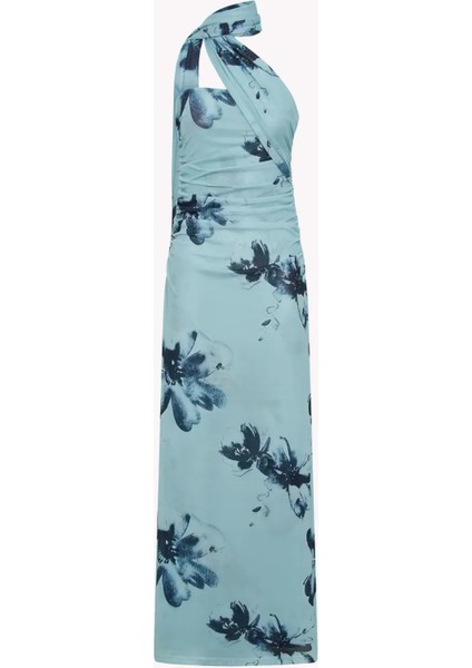 Kadın Straplez Desenli Bodycon Maxi Tül Elbise Blue