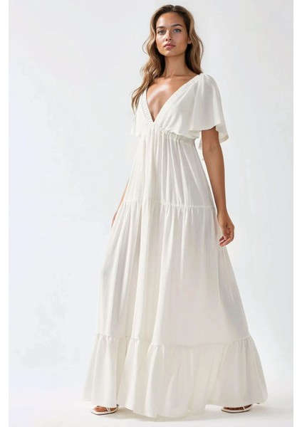 Kadın V Yaka A form Uzun Maxi Elbise Beyaz modelleri