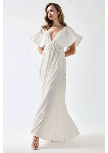 Kadın V Yaka A form Uzun Maxi Elbise Beyaz indirimleri