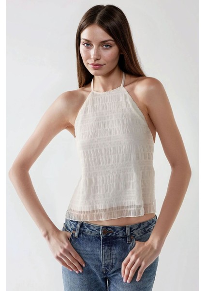 Kadın Halter Yaka Dokulu Fitted Üst White