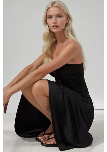 Kadın Straplez Maxi Elbise Black