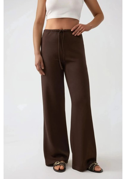 Kadın Geniş Paça Dokulu Uzun Pantolon Mocha Kahvesi