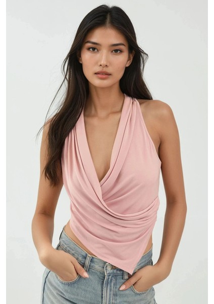 Kadın Halter Yaka Kruvaze Esnek Sandy Örme Üst Pink