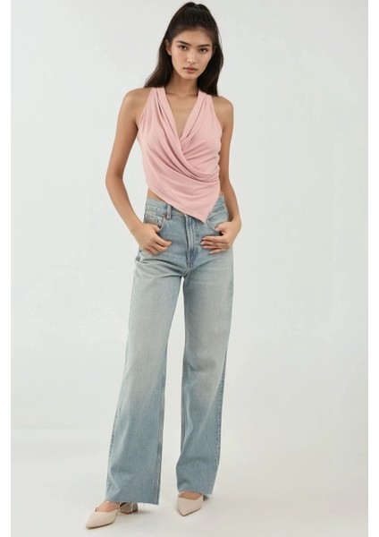 Kadın Halter Yaka Kruvaze Esnek Sandy Örme Üst Pink indirimleri