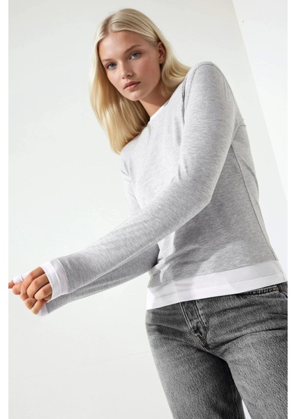 Kadın Bisiklet Yaka Uzun Kol Örme Bluz Açık Gri modelleri