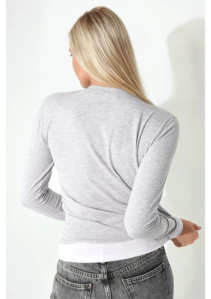 Kadın Bisiklet Yaka Uzun Kol Örme Bluz Açık Gri fırsatları