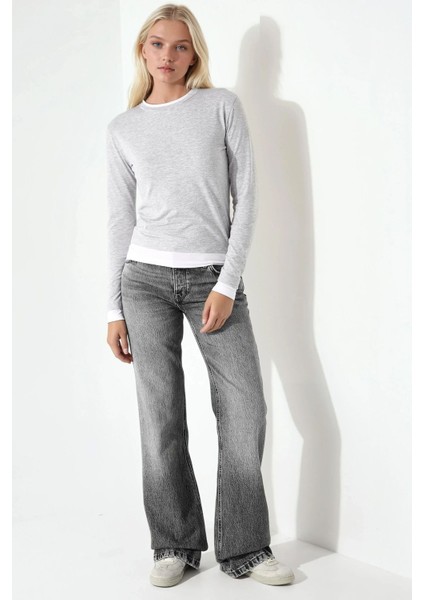 Kadın Bisiklet Yaka Uzun Kol Örme Bluz Açık Gri indirimleri
