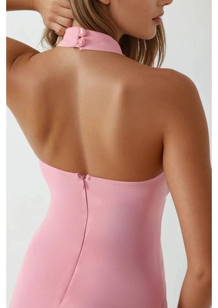 Kadın Kare Yaka Fitted Dokuma Mini Elbise Pink modelleri