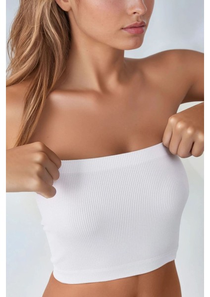 Kadın Slim Fit Straplez Kısa Üst Beyaz