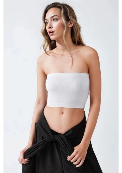 Kadın Slim Fit Straplez Kısa Üst Beyaz fiyatları