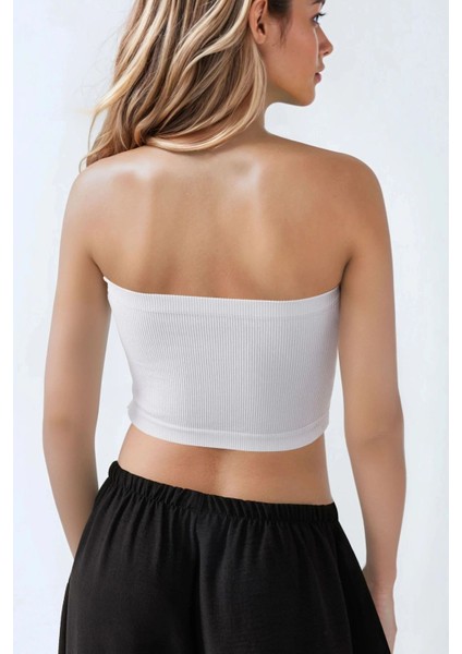 Kadın Slim Fit Straplez Kısa Üst Beyaz fırsatları