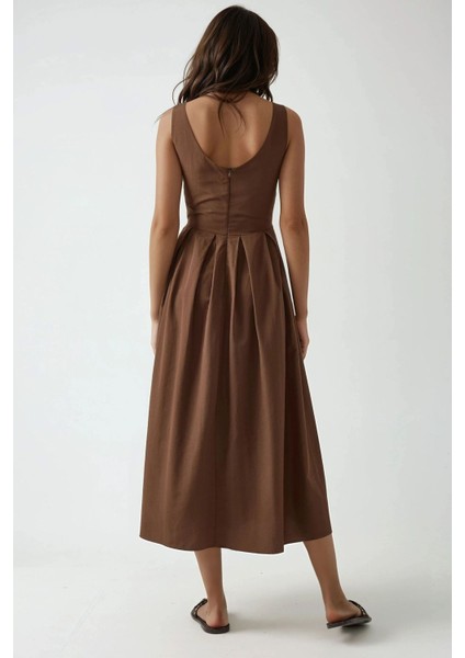 Kadın Yuvarlak Yaka ve Fermuarlı Uzun A Form Elbise Kahve Kahvesi modelleri