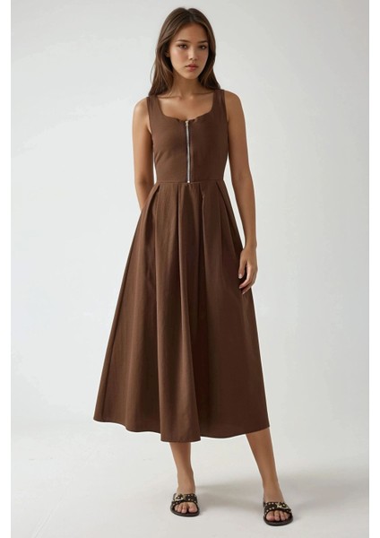 Kadın Yuvarlak Yaka ve Fermuarlı Uzun A Form Elbise Kahve Kahvesi fırsatları