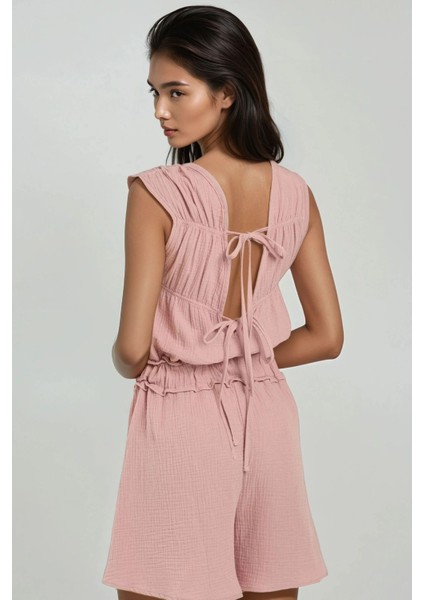 Kadın Arkası Bağlama Detaylı Dokulu Şort Tulum Pink fırsatları
