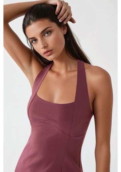 Kadın Kare Yaka Fitted Dokuma Mini Elbise Tozlu Gül Pembesi modelleri