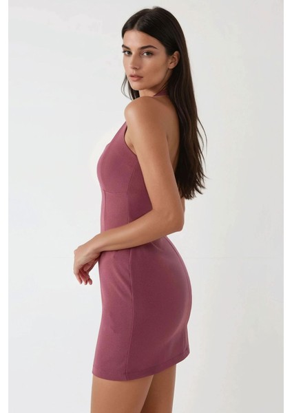 Kadın Kare Yaka Fitted Dokuma Mini Elbise Tozlu Gül Pembesi fırsatları