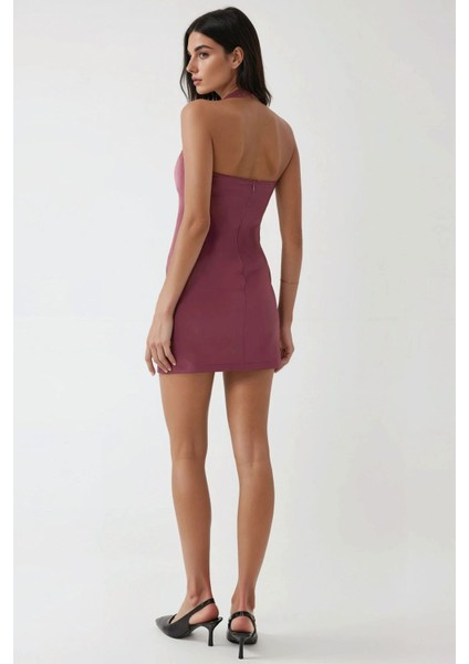 Kadın Kare Yaka Fitted Dokuma Mini Elbise Tozlu Gül Pembesi