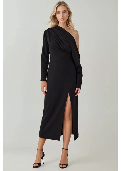 Kadın Asimetrik Yaka Yırtmaçlı Bodycon Midi Elbise Black