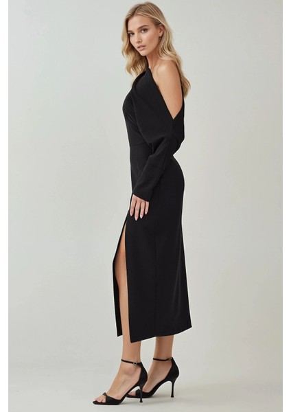 Kadın Asimetrik Yaka Yırtmaçlı Bodycon Midi Elbise Black indirimleri