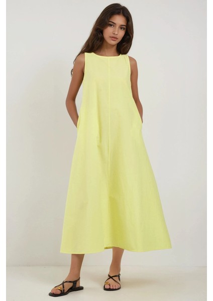 Kadın Mixray Collection Bisiklet yaka, kolsuz A-Form Maxi Elbise Limon Sarısı
