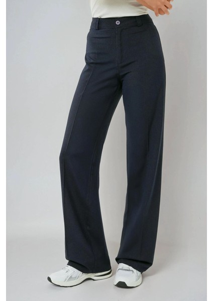 Kadın Yüksek Bel Straight Kumaş Pantolon Blue