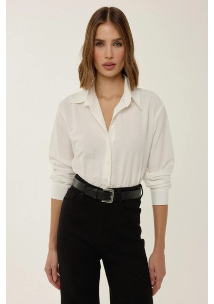 Kadın Düğmeli Uzun Kollu Gömlek Yaka Bodysuit Natural