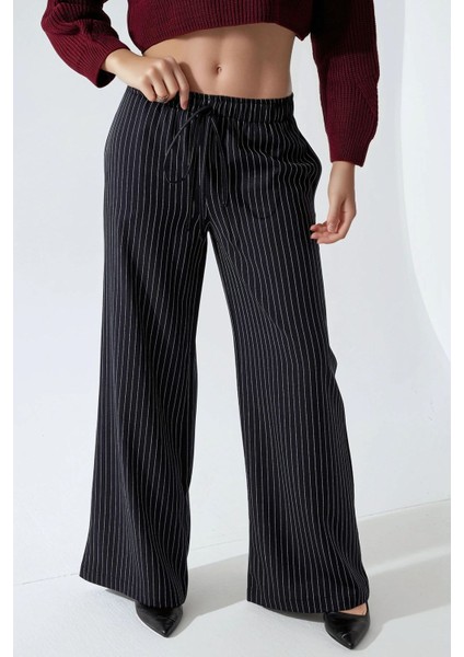 Kadın Çizgili Geniş Paça Pantolon Blue