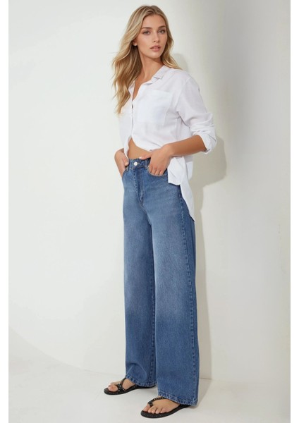 Kadın Baggy Kalıp Denim Jeans Orta Mavi Denim fırsatları