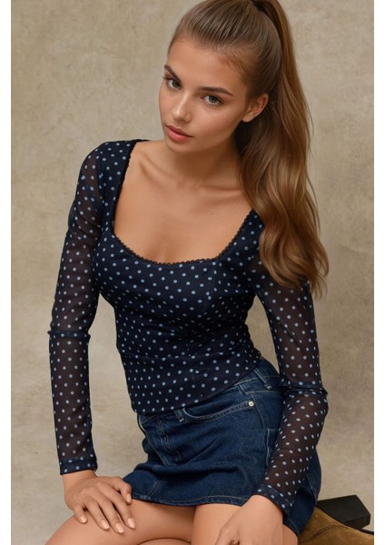 Kadın Kalp Yaka Baskılı Uzun Kollu Üst Blue