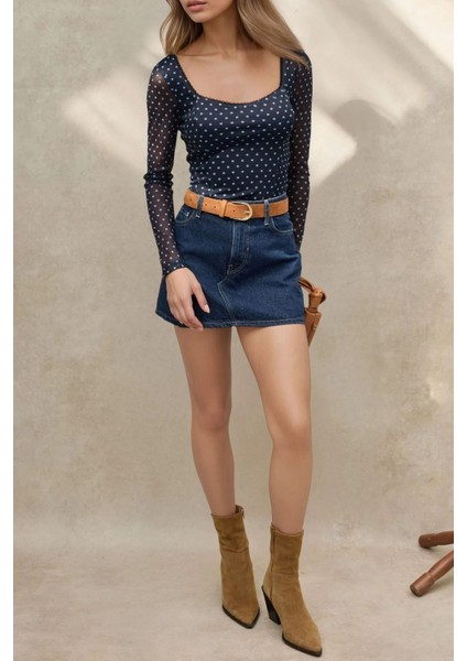 Kadın Kalp Yaka Baskılı Uzun Kollu Üst Blue fırsatları