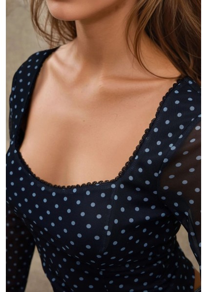 Kadın Kalp Yaka Baskılı Uzun Kollu Üst Blue indirimleri