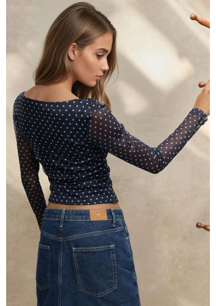 Kadın Kalp Yaka Baskılı Uzun Kollu Üst Blue
