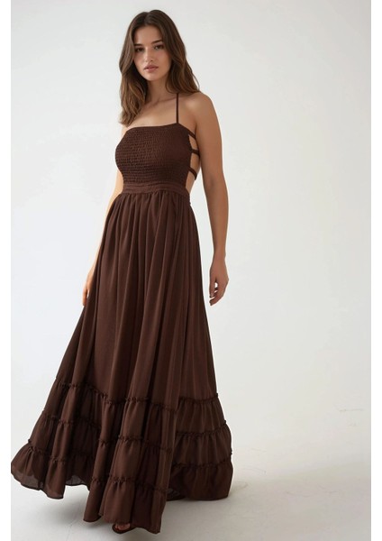 Kadın Kare Yaka Dokulu Maxi Elbise Koyu Mocha Kahve