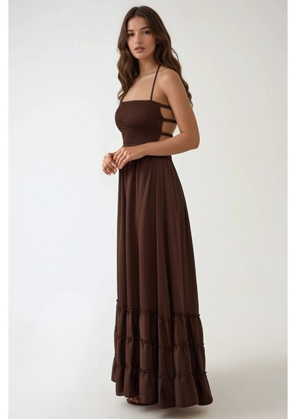 Kadın Kare Yaka Dokulu Maxi Elbise Koyu Mocha Kahve fırsatları