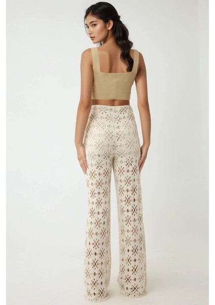 Kadın Desenli Geniş Paça Pantolon Pika Koleksiyonu Natural fırsatları