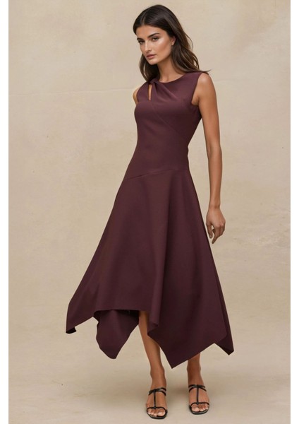 Kadın Pencere Detaylı Midi Elbise Koyu Mocha Kahve