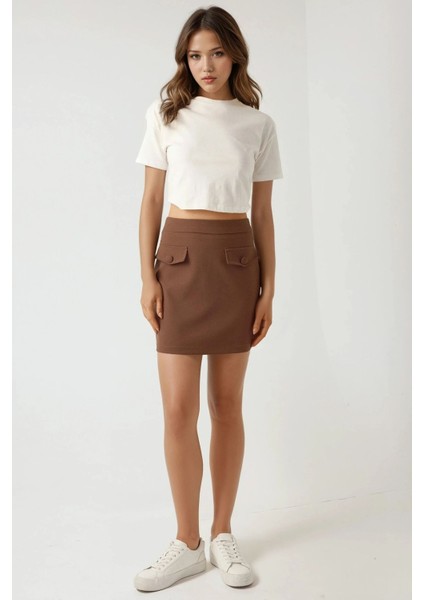 Kadın Pika Collection Cep Detaylı Mini Etek Kestane Kahvesi