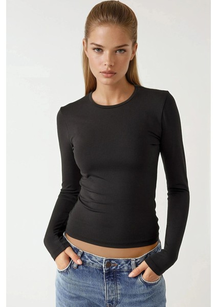 Kadın Uzun Kollu Yuvarlak Yaka Esnek Üst Black