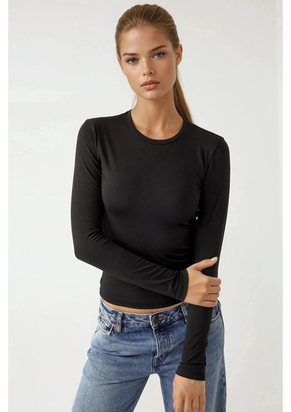 Kadın Uzun Kollu Yuvarlak Yaka Esnek Üst Black fiyatları