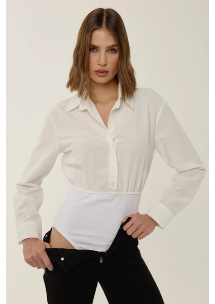 Kadın Düğmeli Uzun Kollu Gömlek Yaka Bodysuit Natural