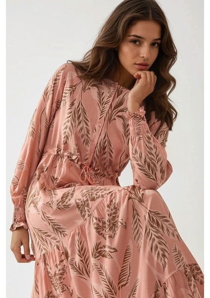 Kadın Baskılı Uzun Kol Viskon Modest Elbise Allık Pembe fiyatları