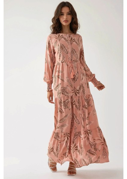 Kadın Baskılı Uzun Kol Viskon Modest Elbise Allık Pembe fırsatları