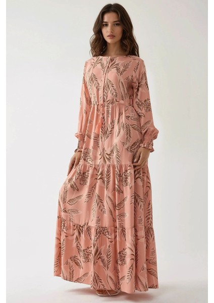 Kadın Baskılı Uzun Kol Viskon Modest Elbise Allık Pembe indirimleri