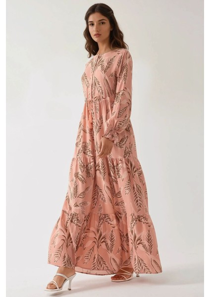 Kadın Baskılı Uzun Kol Viskon Modest Elbise Allık Pembe