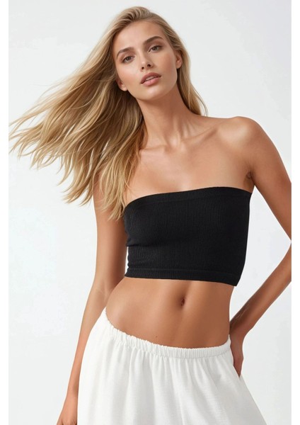 Kadın Slim Fit Straplez Kısa Üst Siyah