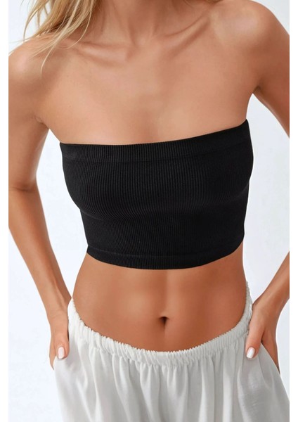 Kadın Slim Fit Straplez Kısa Üst Siyah indirimleri